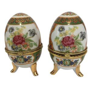 VTG Porcelain Egg Trinket Boxes Pair Floral Gilt Hinged Gold Tripod Stand 4"